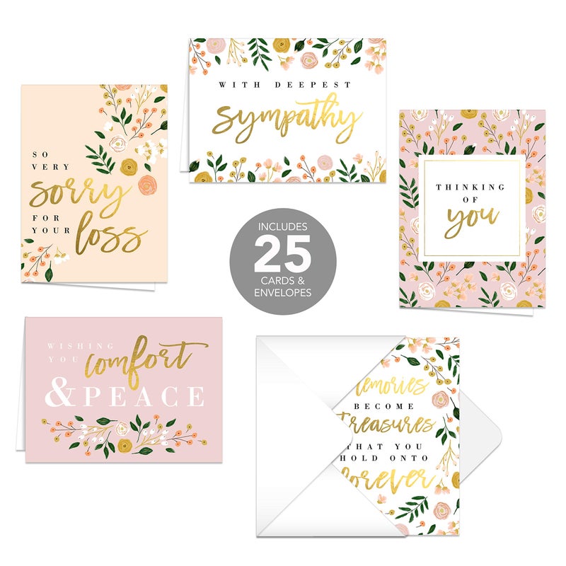 Canopy Street Modern Floral Sympathy Cards / 25 Loss Grief Comfort Cards / 5 Floral Thinking Of You Greeting Card Designs / 4 5/8" x 6 1/4" Condolences Note Cards - Image 2